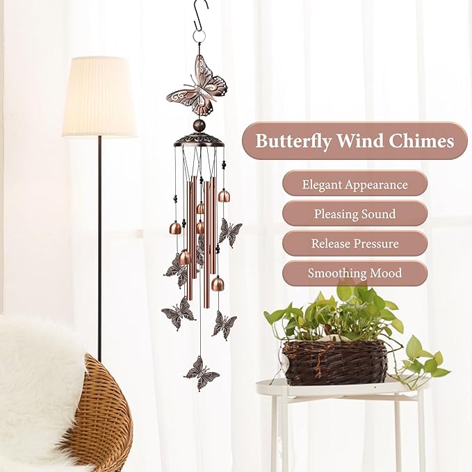 Butterfly Wind Chimes for Outside, Decorative Wind Chimes with 4 Aluminum Tubes Hanging Bells, Memorial Windchimes Outdoors with S Hook for Patio Garden Decor, Birthday Gifts for Mom Grandma