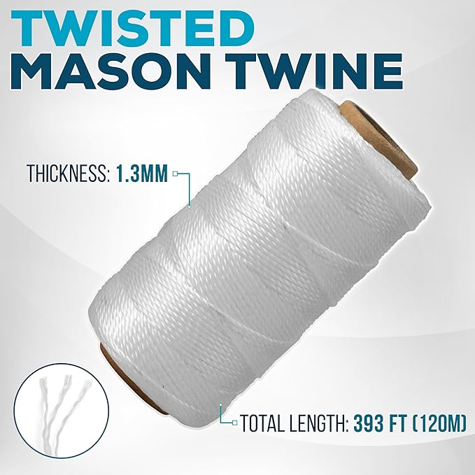 Mason Line String 1.3mm Thick Twisted Polypropylene – Durable Construction Twine for Laying Bricks, Blocks, Fences in Gardening, DIY & Landscaping Projects (White, 393 Ft x 6 Pcs)
