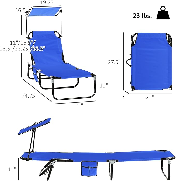 Outsunny Folding Chaise Lounge Pool Lounge Chairs Set of 2, Outdoor Sun Tanning Chairs with Canopy Shade, Reclining Back, Steel Frame and Side Pocket for Beach, Yard, Patio, Blue