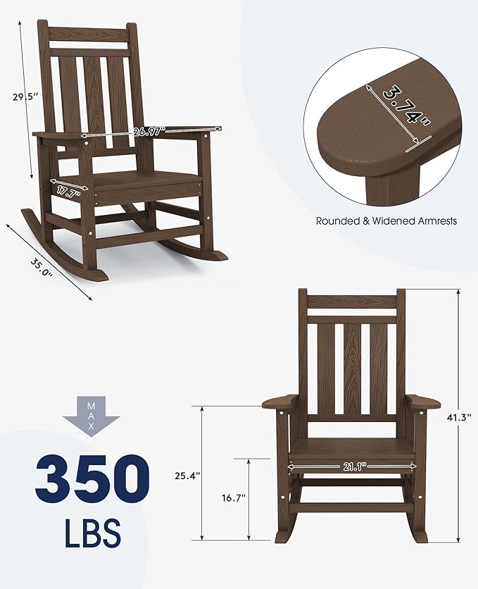 KINGYES Oversized Outdoor Rocking Chair Set of 4, All-Weather Patio Rocking Chairs for Porch, HDPE Outdoor Patio Rockers with High Back & Wide Seat for Garden, Lawn, Brown