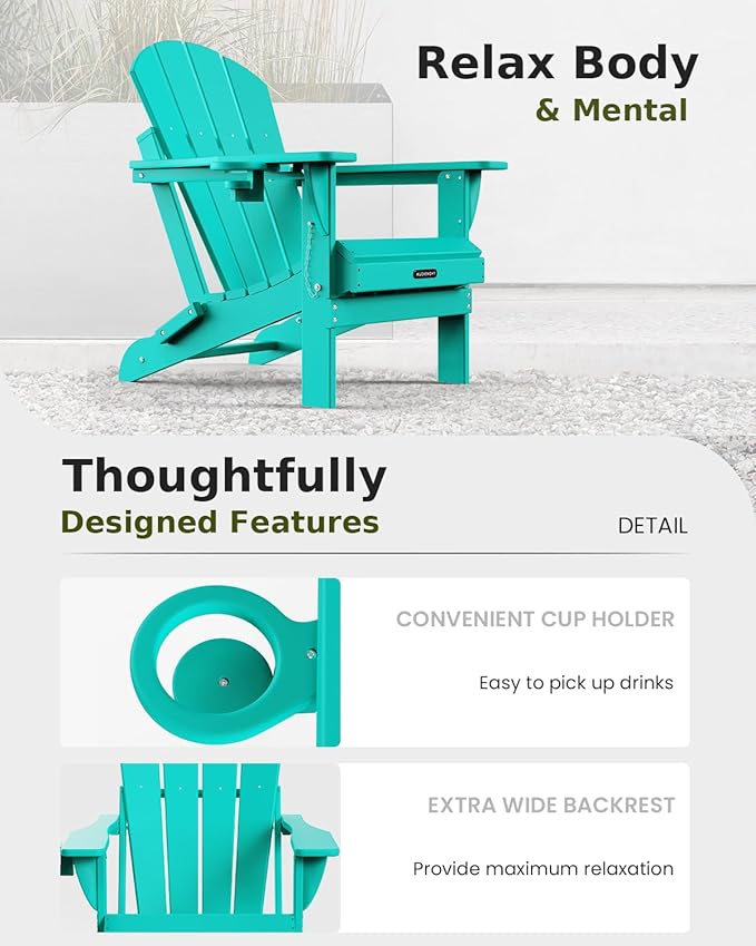 MUCHENGHY Folding Adirondack Chairs 6 Pack, Patio Chairs, Outdoor Chairs, Adirondack Chair Plastic, Fire Pit Chairs, Weather Resistant with Cup Holder for Deck, Backyard, Garden(Lake Blue)