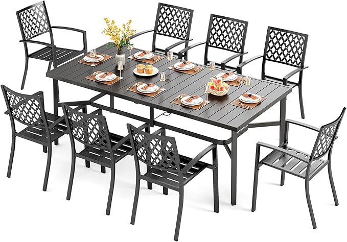 PHI VILLA 9 Pieces Outdoor Dining Set for 8, 83" Rectangular Metal Table with Umbrella Hole & Stackable Black Wrought Iron Chairs, Large Outside Furniture for Patio, Deck, Yard, Porch