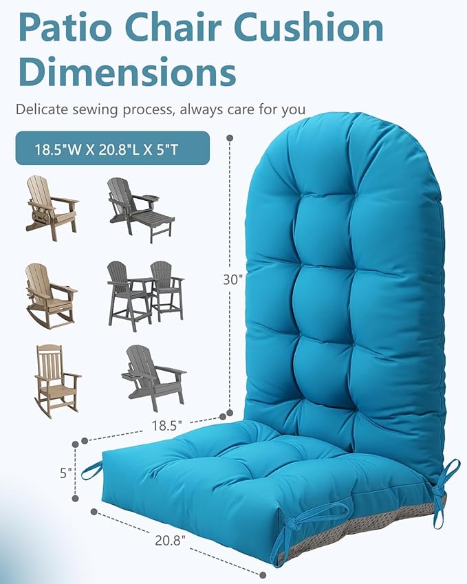 Adirondack Chair Cushion Set of 4, Thickened Patio Chair Cushions with Ties, Waterproof and UV-Protected Rocking Chair Cushion for Indoor and Outdoor, Lake Blue.