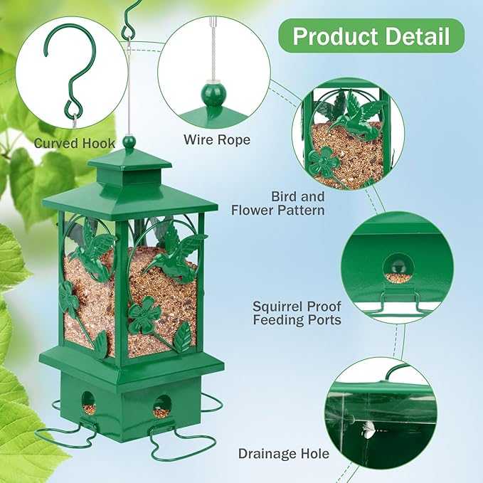 Bird Feeders for Outdoors Hanging, Metal Squirrel Proof Bird Feeder, Large Capacity and Weatherproof, Easy to Clean and Fill, Attracting Finch, Cardinal, Blue Jay; Green