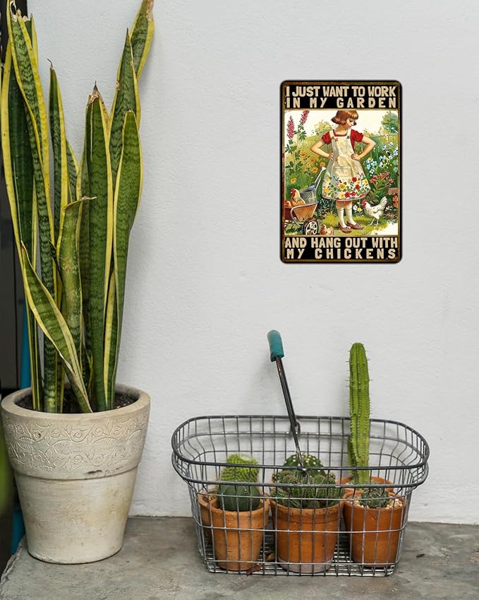 Garden Metal Sign, I Just Want To Work In My Garden Funny Sign, Retro Backyard Fence Signs, Vintage Yard Gardening Decor Outdoor, Gardening Gift for Woman, Grandma 8 * 12"