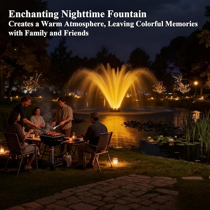 Pond Fountain Aerator with Lights, 1 HP with Dynamic RGB Lighting, Adjustable Modes, Digital Timer, for Large Ponds, Lakes & Outdoor Water Features, 15,000 GPH, 750W 110V, 100FT Cord