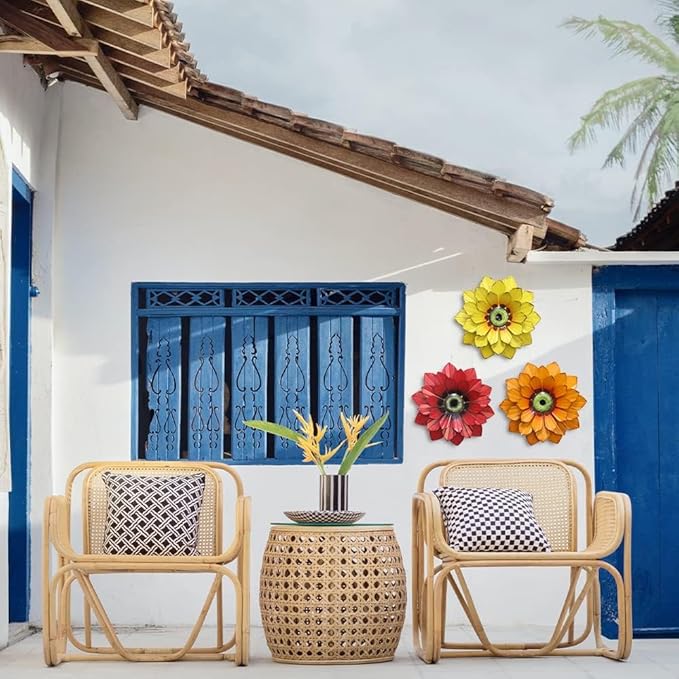 hogardeck Metal Flower Wall Decor - 3 Pcs Outdoor Wall Art Backyard Decorations Spring Decor Hanging for Kitchen, Living Room, Bathroom