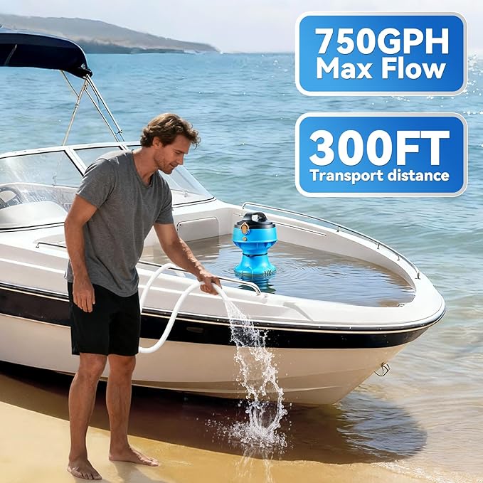 1/4HP Cordless Water Transfer Pump Submersible Water Pump 750GPH 30FT Head IPX8 Included 2x4000mAh 21V Battery and Charger Pool Cover Pump 3/4" Outlet for Pool Pond Garden Bathtub RV Boat
