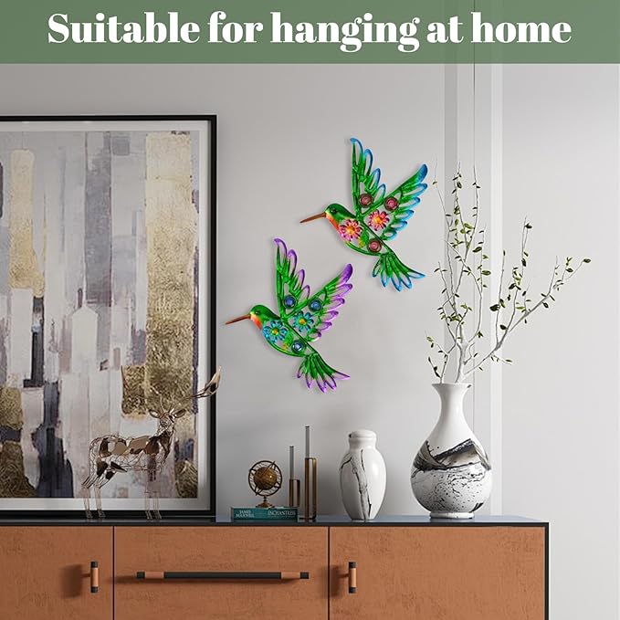 2 Pack Metal/Glass Hummingbird Wall Decor, 12.4" Outdoor Fence Wall Art Decor, Wall Sculpture Hanging Decoration Perfect for Garden Yard Living Room Bedroom Patio Balcony