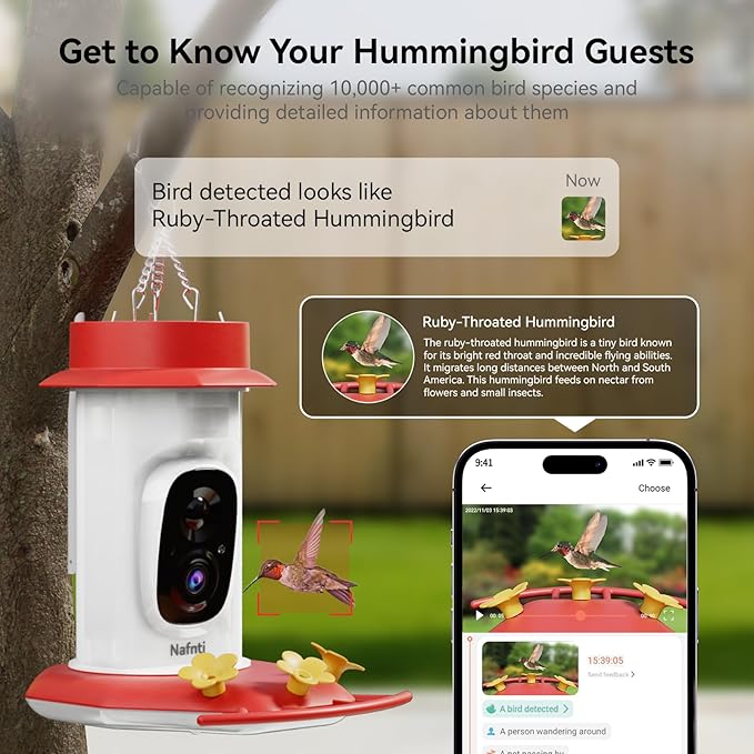 Hummingbird Feeder with Camera Solar Powered, 2K Live Stream Smart AI Bird Species Recognition, Leak-Proof & Ant-Bee Proof, IP65 Outdoor Wireless Bird Feeder
