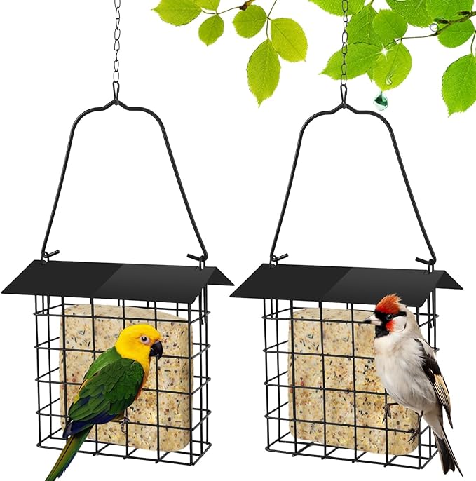 2Pcs Suet Bird Feeder for Outside Hanging, Suet Cakes Cage Bird Feeder for Outdoors with Metal Roof and Adjustable Chain Hook Hanging for Garden Yard Outside