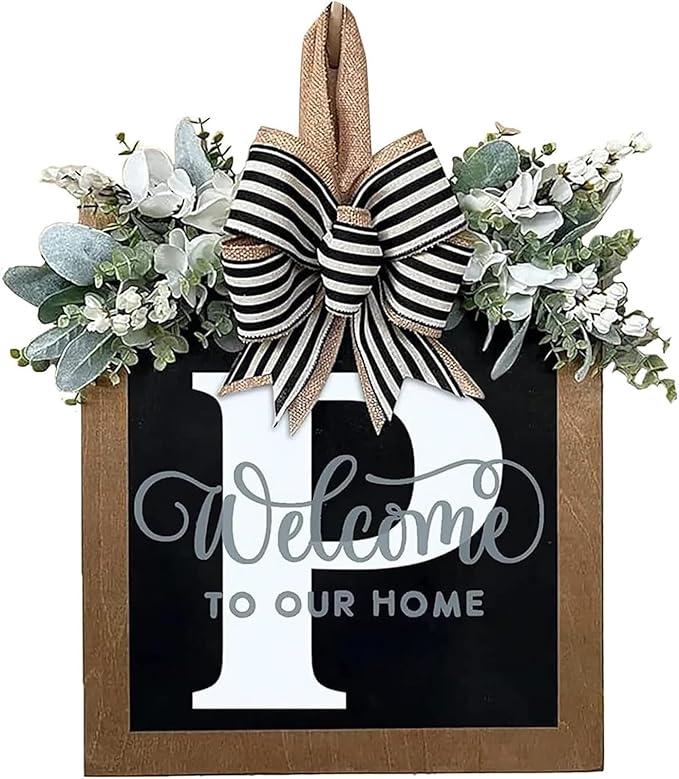 Last Name Front Porch Decor, Welcome Sign Door Wreath, Outdoor Decorations, 26 Letter Hanging Wreath, Spring Monogram for All Seasons (P)
