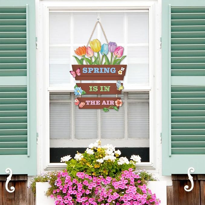 HOURIA Spring Is In The Air Wooden Door Sign(12”x14”),Colorful Tulip Flower Butterfly Spring Wall Hanging Sign,Spring Decorations for Home Garden Porch