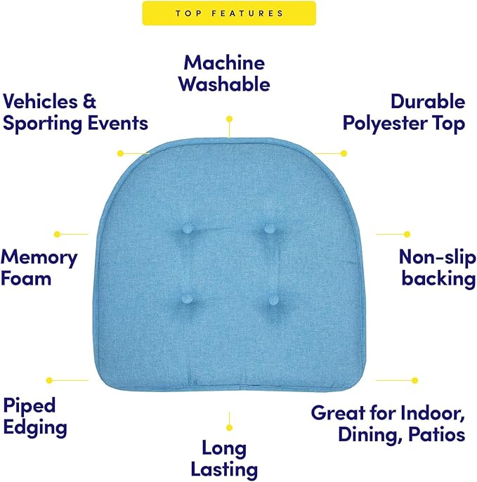Sweet Home Collection Chair Cushion Memory Foam Pads Tufted Slip Non Skid Rubber Back U-Shaped 17" x 16" Seat Cover, 2 Count (Pack of 1), Turquoise