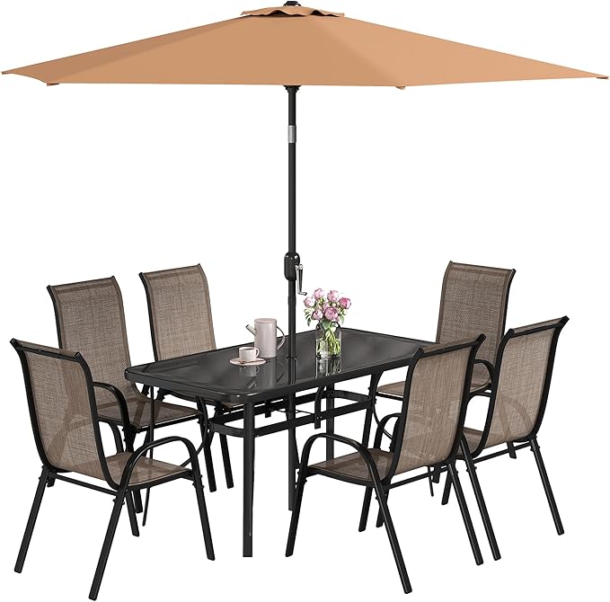 Outsunny 8 Pieces Patio Table and Chairs Set with 9 Ft Patio Umbrella, Outdoor Dining Set with 4.6 Ft Dining Table and 6 Chairs, Push Button Tilt and Crank Parasol, Tempered Glass Top, Mixed Brown