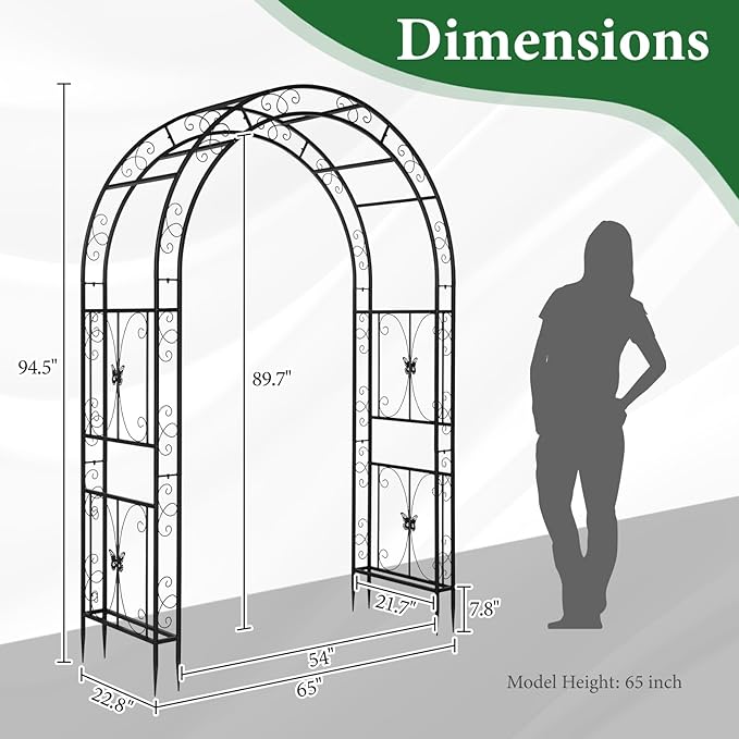 VINGLI Garden Arbor, Arch Archway for Wedding Ceremony Party, Steel Garden Trellis for Plant Climbing, Christmas Garden Decorations Pergola for Garden, Backyard, Lawn (Black, 65x22.8x94.5in)