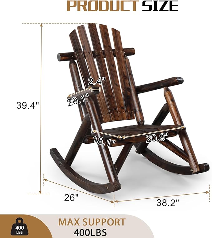 Outvita Wooden Rocking Chair Set of 2, Fir Log Adirondack Rocker, Outdoor Wood Accent Furniture Lounge Chairs for Garden Patio Backyard Porch (Dark Brown)