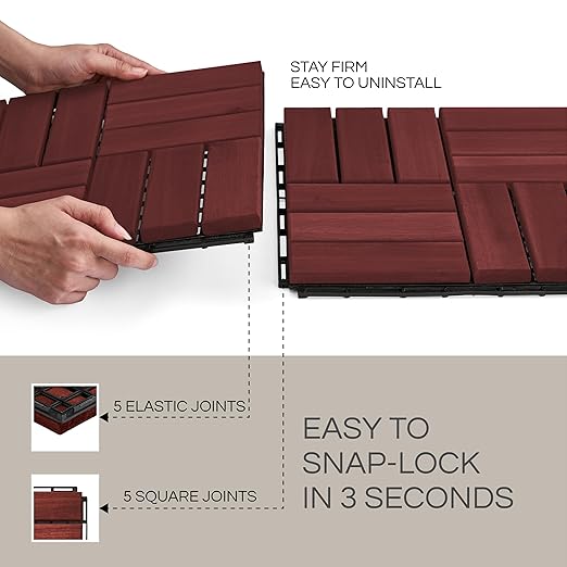 10 Pcs Deck Tiles, Patio Flooring - Outdoor Waterproof Acacia Wood Tiles for All Weather Use - Balcony, Backyard, Indoor & Outdoor (Natural Rosewood, 10 Square Ft)