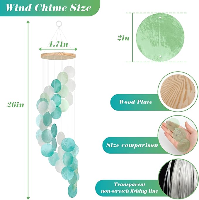 Seashell Wind Chimes for Outside - Handcrafted Spiral Shape Capiz Shells Windchime Coastal Style Decor for Indoor/Outdoors, Garden & Beach Hanging Decor for Wind Chimes Lovers and More