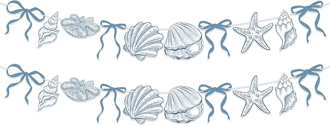 2 PACK Summer Banner Seashells Decor Party Decorations Party Supplies Birthday Decorations Blue Bow Starfish and Christmas Ornaments Under The Sea Paper Hanging Banner for Women Men Baby Showre
