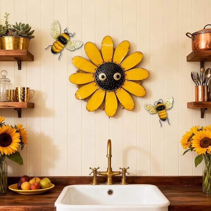 Metal Bee Outdoor Wall Decor - 2Pcs Bee Wall Art Garden Decor, Bumble Bee Decorations for Home, Yard Art Fence Decorations Outdoor