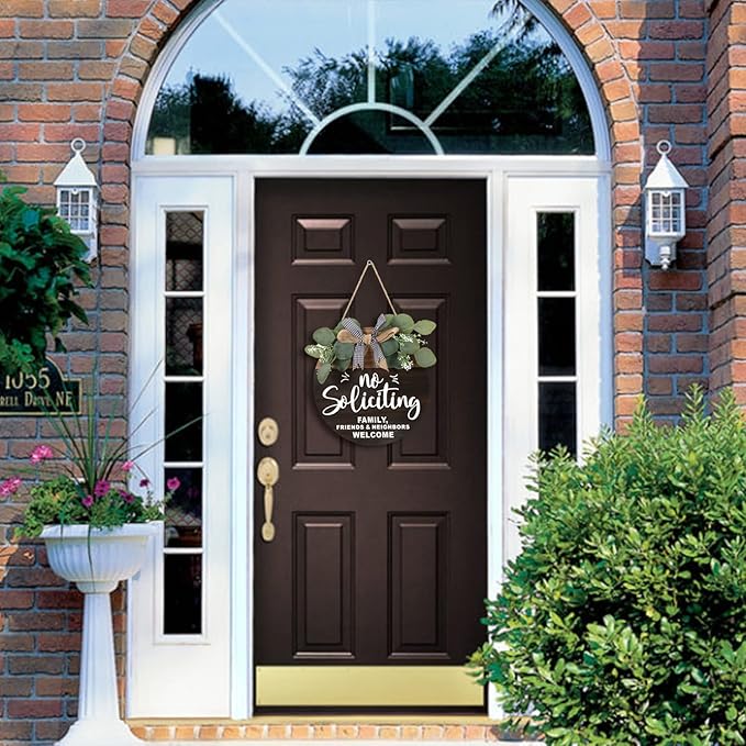 CHDITB 3D No Soliciting Front Door Hanging Sign (12”x12”), Family Friends Neighbors Welcome Wreath with Bow Eucalyptus Leaves, Rustic No Solicitior Solicition Door Hanger Decor for House Door Porch