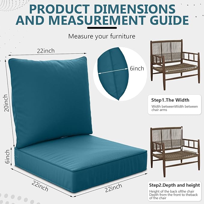22" x 22" x 6" Outdoor Deep Seat Cushions - Waterproof & Fade Resistant Patio Furniture Replacement Cushions, Non-Slip Outdoor Cushions Fit Loveseats, Couches, Chairs, and Sofas