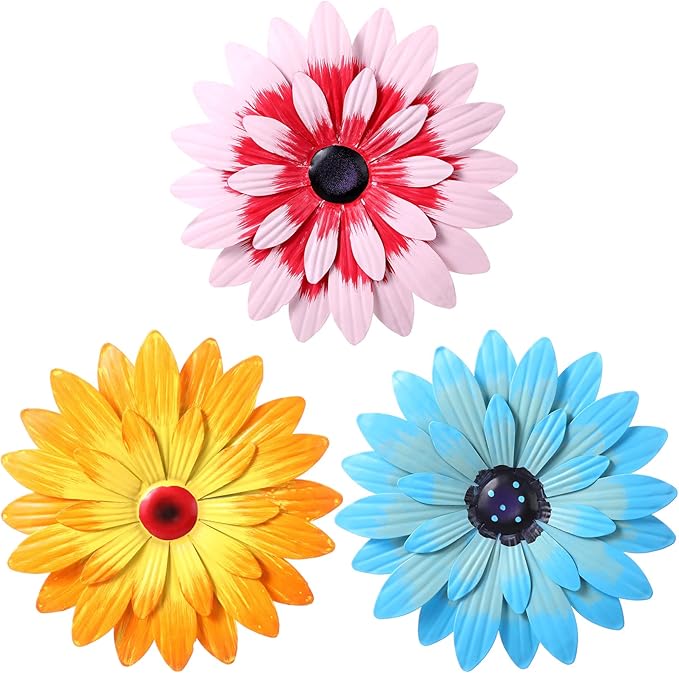 Hotop 3 Pcs Metal Flower Wall Art 3D Metal Daisy Wall Decor Multiple Layer Hanging Flower Rustic Farmhouse Boho Style Decorations for Indoor Outdoor Home Living Room Office Garden, 8 Inches(Stylish)