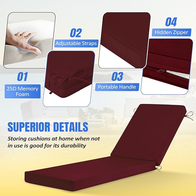 Basic Beyond Chaise Lounge Cushions Outdoor, 3-Layer Waterproof Outdoor Furniture Cushions with Removable Cover and 4 Ties, 72"x21"x3" Patio Lounge Chair Cushions for Outdoor Furniture, Burgundy