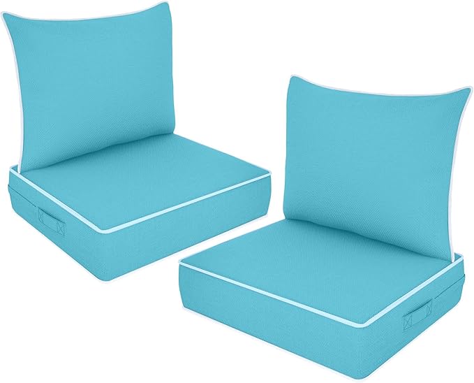 Outdoor Deep Seat Cushion Set, Fade Resistant Patio Chair Cushions, 24x24x6 Inch Patio Sofa Furniture Pad with Removable Cushion Covers (Lake Blue+White Side, 24''Lx24''Wx6''H-2pcs Set)