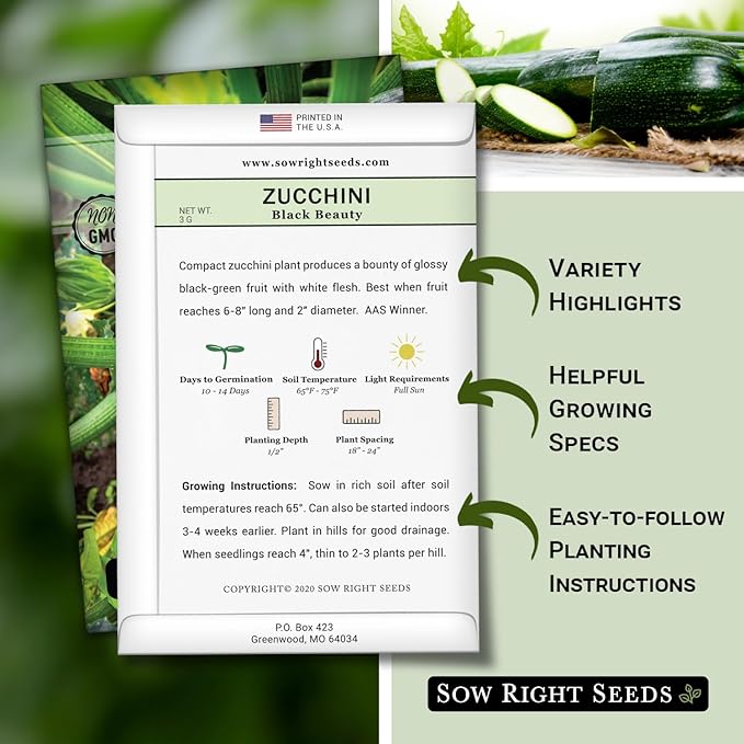Sow Right Seeds - Black Beauty Zucchini Seeds for Planting - Non-GMO Heirloom Packet with Instructions to Plant a Home Vegetable Garden - Summer Squash - Classic Zucchini Good for Large Containers (4)