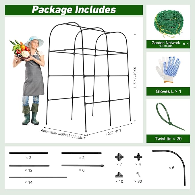 7ft Cucumber Trellis for Raised Bed, Garden Arch Trellis for Climbing Plants Outdoor Indoor, Metal Trellis Support with Net for Vegetables Tomato Zucchini Squash Beans Peas Melons, Rose Flowers,Vines