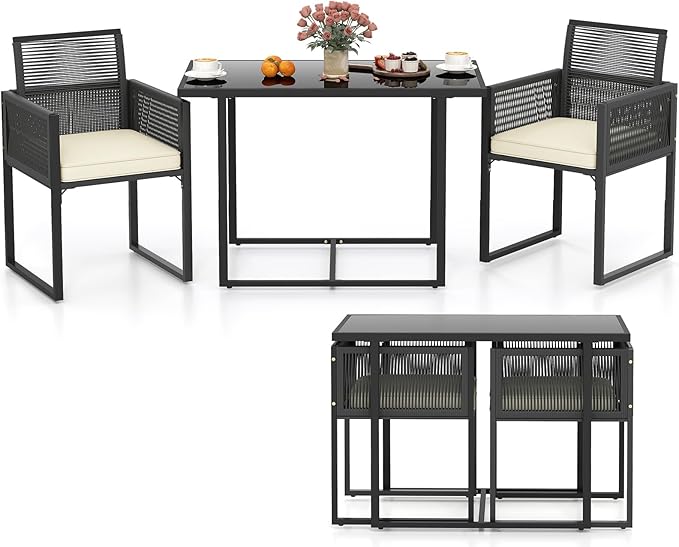 Tangkula 3 Pieces Patio Dining Set, Outdoor Space-Saving PE Wicker Bistro Set with Cushions, Patio Tempered Glass Top Table and Chairs Set for Porch, Garden and Backyard