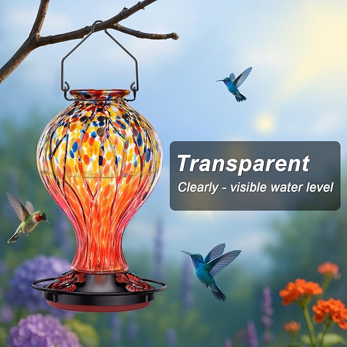 Hummingbird Feeders for Outdoors – Blown Glass Hanging Hummingbird Feeder with Ant Moat, 28 Ounces Large Capacity,Leakproof Wide Mouth, Decorative Bird Feeder for Garden, Yard, Patio, or Window