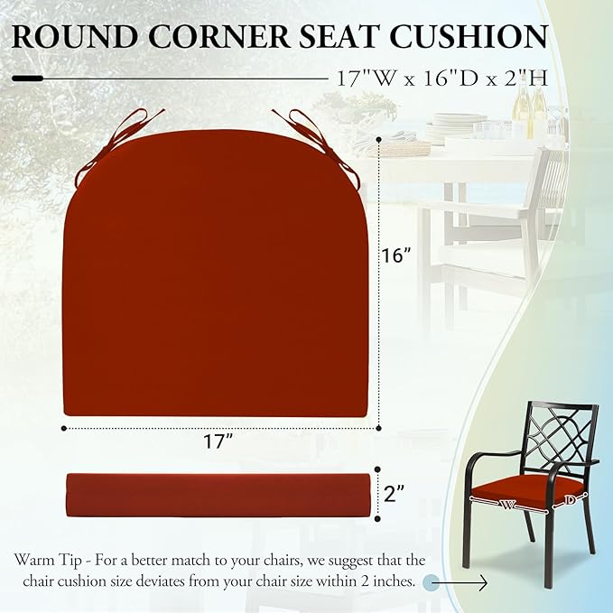 Wellsin Outdoor Chair Cushions for Patio Furniture - Patio Chair Cushions Set of 2 - Water Resistant Round Corner Outdoor Seat Cushions 17"X16"X2", Brick Red