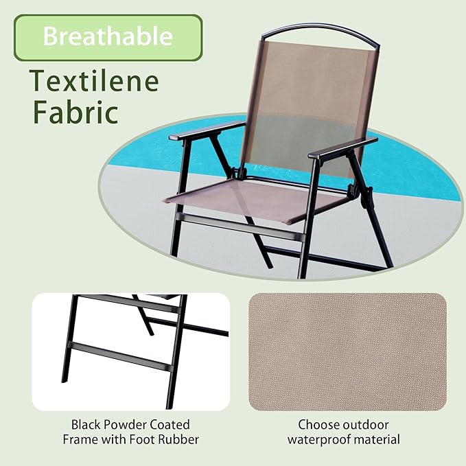 Outdoor Folding Patio Dining Chairs Set of 4 With Armrest Heavy-Duty Lightweight Protable Foldable Patio Sling Chair for Garden Lawn Poolside Backyard Deck Bistro Balcony Sillas Furnitures(4, brown)