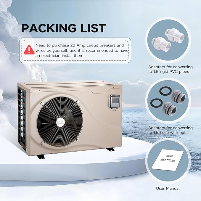 10000gallons Inverter Pool Heaters for Above Ground and Inground Pools, Max 38864BTU Electric Swimming Pool Heat Pumps for 8/15/20 ft Pool, 208V~230V/60Hz, Heating and Cooling Pool Heater