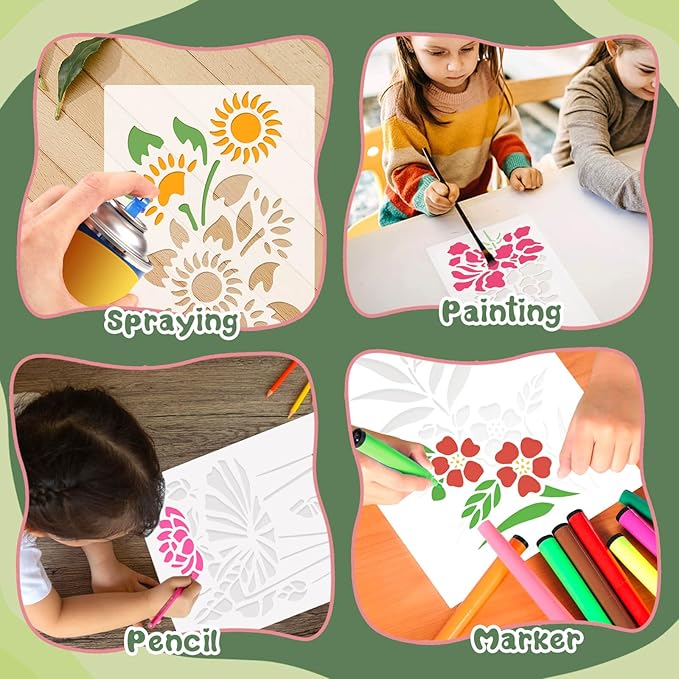 Dayker 15PCS Flower Stencils, Wildflower Leaf Painting Stencils, Reusable PET Art Drawing Templates, DIY Crafts Plant Stencil for Painting on Wood Wall Paper Canvas Home Decor
