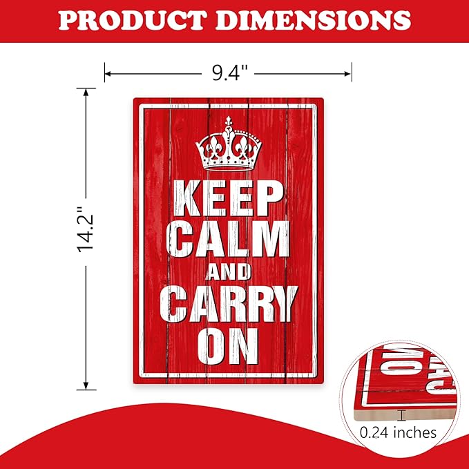 Inspirational Keep Calm and Carry on Front Door Sign, Motivational Crown Wood Hanger Outdoor Outside Porch Decor, Red Farmhouse Wooden Wreath Indoor Wall Hanging Home Office Bar Decoration