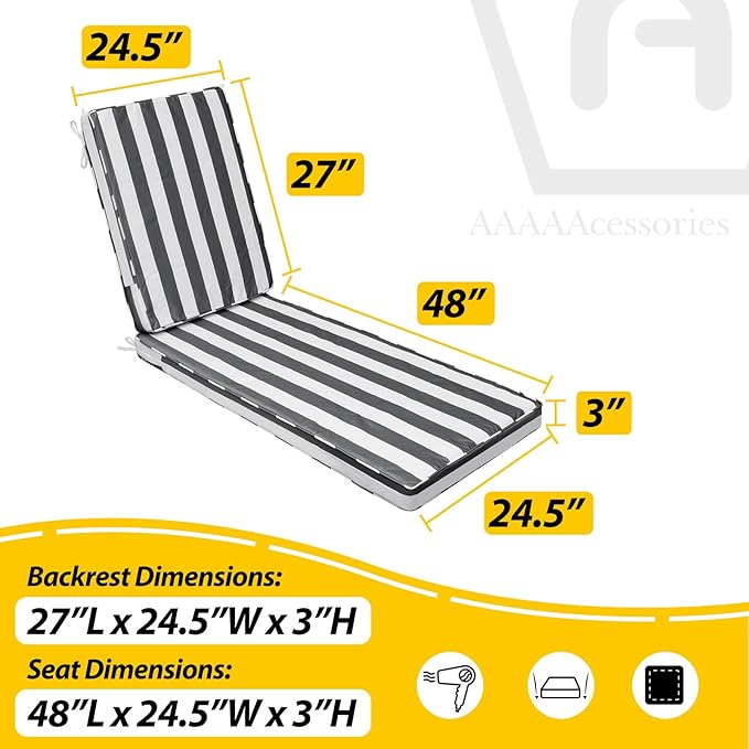 AAAAAcessories Outdoor Chaise Lounge Cushions, Fade-Resistant, Waterproof Patio Furniture Replacement Cushions, 75" x 24.5" x 3", Gray Cabana Stripe