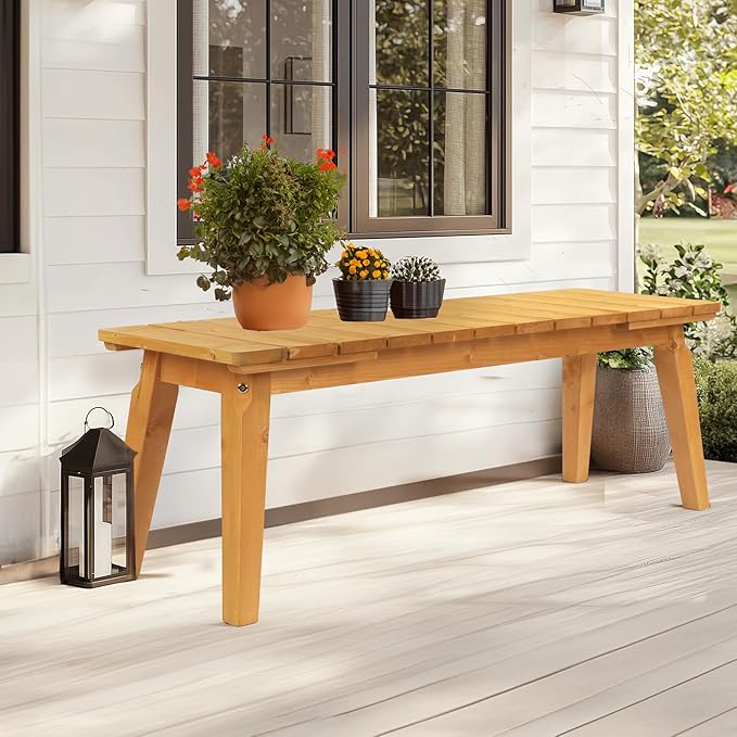 VINGLI Outdoor Wooden Bench, 45” 2-Person Backless Dining Bench, Weatherproof Outdoor Patio Bench for Porch Entryway Garden (1, Teak)