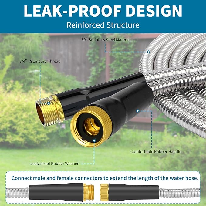 Stainless Steel 75FT Garden Hose with 10 Functions, Adjustable Spray Nozzle, Flexible Durable No Kink Leak Dog Proof Metal Water Hose for Yard Lawn
