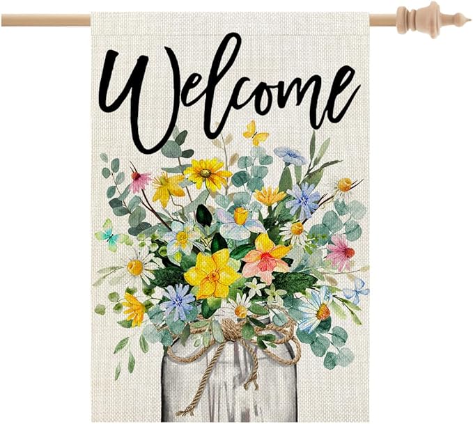 CROWNED BEAUTY Spring Floral House Flag Mason Jar 28x40 Inch Double Sided Large Burlap Holiday Flag for Outside Yard Welcome CF1377-40