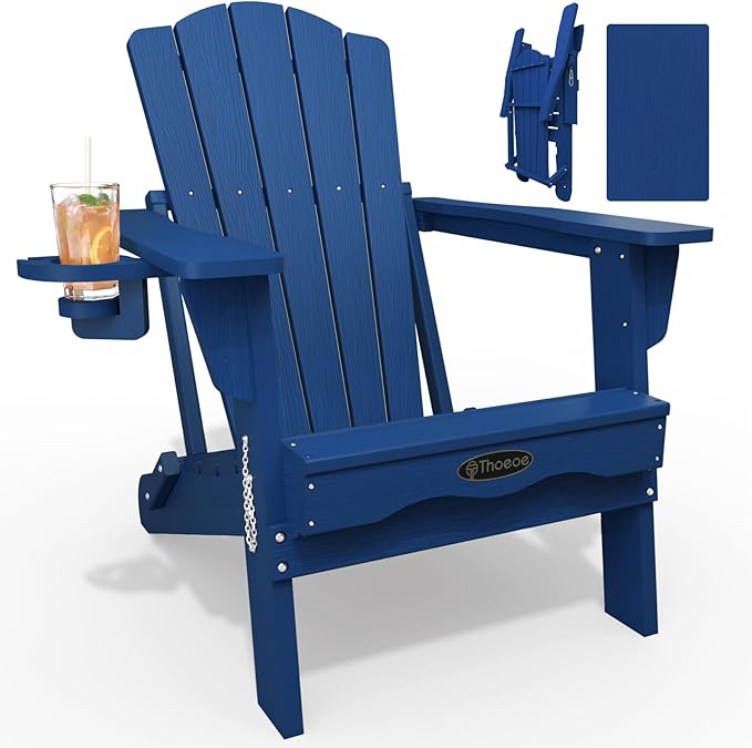 Folding Adirondack Chair,HDPE All-Weather Outdoor Chair with Cup Holder,Wooden Textured,Fire Pit Chair,Plastic Patio Chair for Deck,Backyard,Garden,Lawn(Navy Blue)