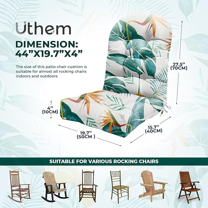 Adirondack Chair Cushion Waterproof Indoor Outdoor Rocking Chair Cushion 44 Inches Patio High Back Chair Cushions Thickened Adirondack Rocking Chair Cushions with Ties, Yellow-Green Leaf