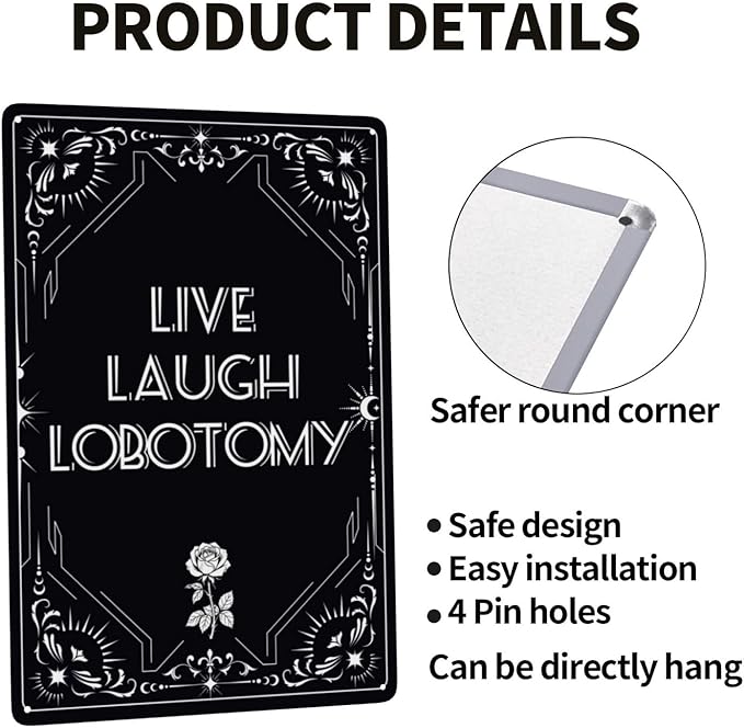Live Laugh Lobotomy Gothic Vintage Metal Tin Sign Retro Rustproof Funny Art Wall Decor Gift for Living Room Bathroom Goth Bedroom Dark Academia Grunge 8x12 Inch