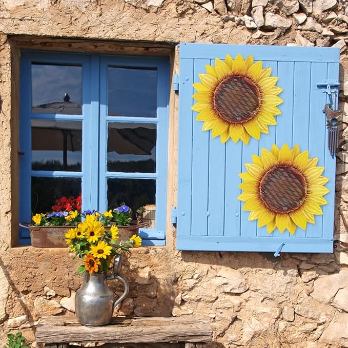 hogardeck Metal Sunflower Wall Decor - 2 Pcs 11'' Metal Flower Wall Art Outdoor Backyard Decorations Sunflower Kitchen Bathroom Decor Hanging for Indoor, Outdoor, Living Room, Bedroom