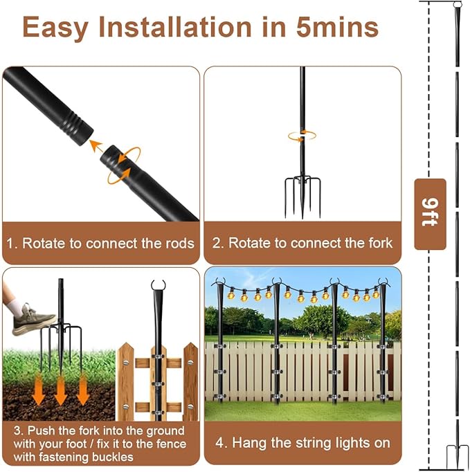 4 Pack Heavy-Duty String Light Poles for Outside with Fork, Adjustable Lighting Hanging Post Accessories for Patio Furniture Set Patio Decor Outdoor Decor Backyard Yard Pergola Garden Decorations