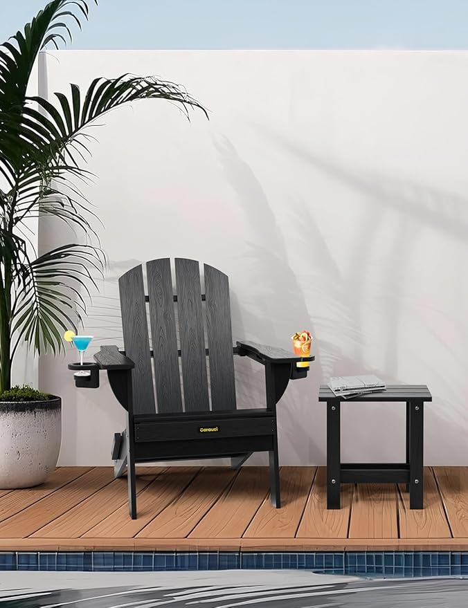 Folding Adirondack Chair Set of 4, Wooden Textured Plastic Adirondack Chairs with 2 Cup Holder, Weather Resistant HDPE Fire Pit Chair, Outdoor Patio Chairs for Garden, Backyard, Lawn, Deck, Black