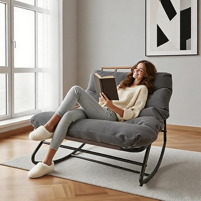Outdoor Papasan Rocking Chair with Cushion, Oversized Patio Lounge Rocker, Heavy Duty 350 lbs Capacity, Comfortable Indoor & Outdoor Chair for Garden, Lawn, Bedroom, Living Room, Gray